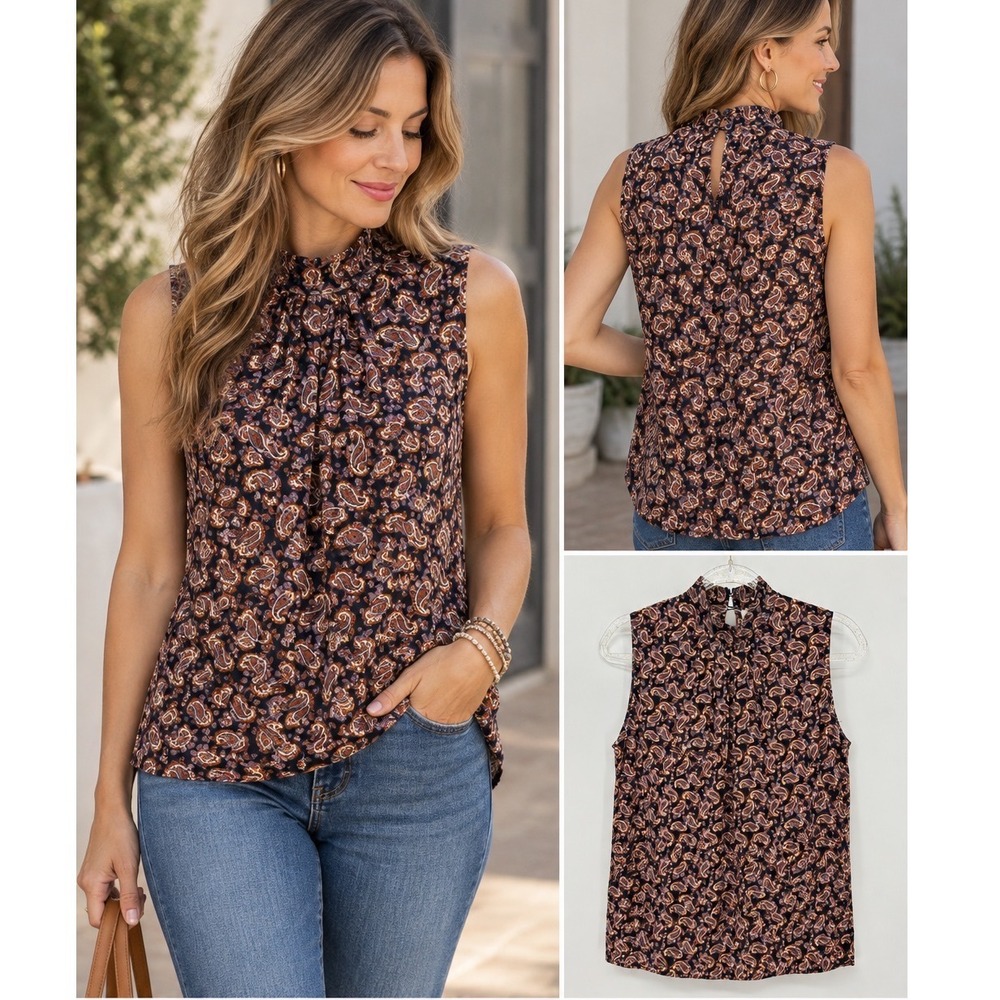 Vanessa Bruno Paisley Silk Blend Sleeveless Blouse Navy Rust Size 36 US 4